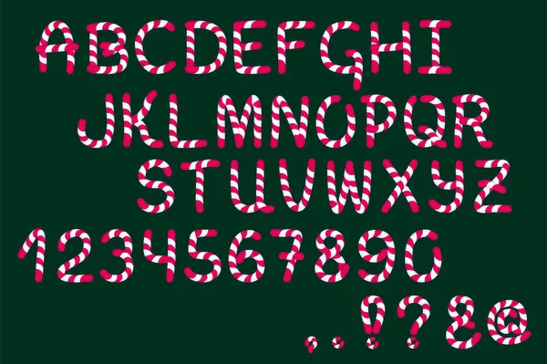 Alfabeto vettoriale di caramelle rosse bianche su verde. Lettere caramelle, numeri e segni di punteggiatura . — Vettoriale Stock