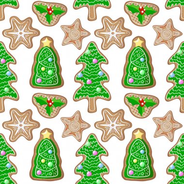 Noel ağacı ve holly neşeli gingerbread figürler desen vektör. Noel gingerbread seamless modeli
