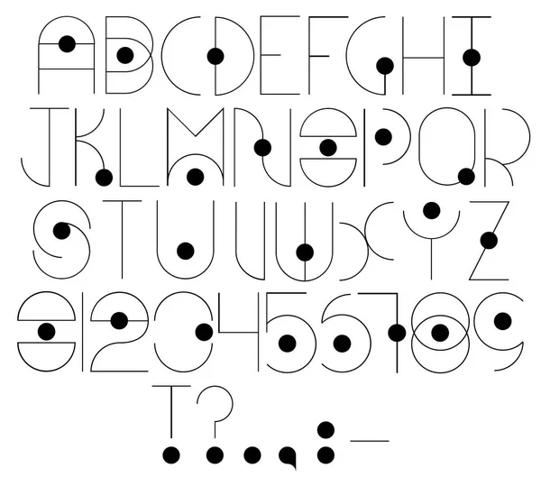 미래 알파벳 문자, 숫자 및 문장 부호 표시와 함께. 얇은 선 벡터 알파벳. — 스톡 벡터