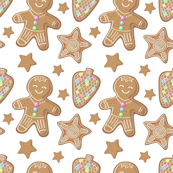 Christmas gingerbread seamless pattern on white background. New Year or Christmas gift wrapping paper. — Stock Vector