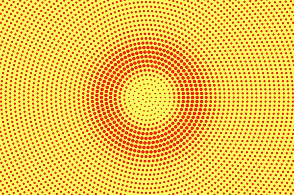 Żółty, czerwony półtonów kropkowane. Koncentryczny okrąg kropkowane gradientu. Tło wektor pół tonu. — Wektor stockowy