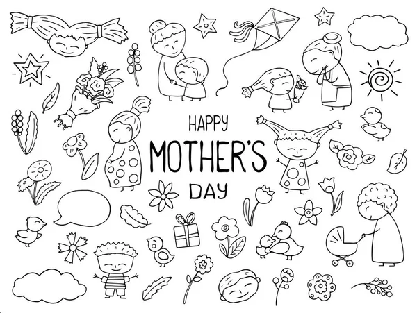 Happy Mother Day black white vector clipart. Mom and child outlined icon. Childish doodles with happy children — Stock Vector
