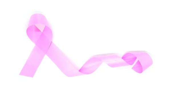 白色背景的窄带子。 粉红丝带代表乳腺癌意识月的标志. 10月签署 — 图库照片
