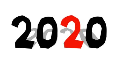 Kağıt kesim tarzında 2020 yıllık yazı, beyaz arkaplanda siyah vektör çizimi. Cesur, çirkin figürler.