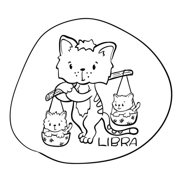 Weegschaal astrologische dierenriem teken met schattige kat karakter. Weegschaal vector illustratie op witte achtergrond — Stockvector