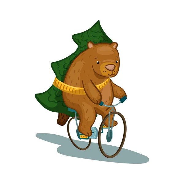 Cute bear character on bicycle with fir tree vector illustration. Fir tree delivery service. Bear cartoon character.