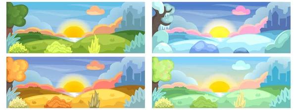 Fyra årstider naturlandskap med sjö, kullar och stadens siluett. Horisontell vektor illustration för sociala medier banner mall — Stock vektor