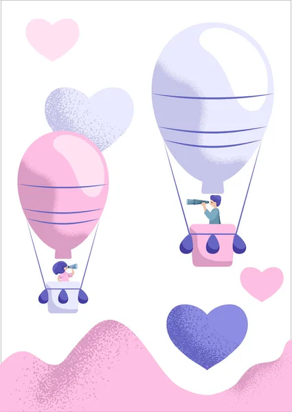 空气气球，男人和女人在互相寻找。情人节贺卡。浪漫的矢量例证. — 图库矢量图片