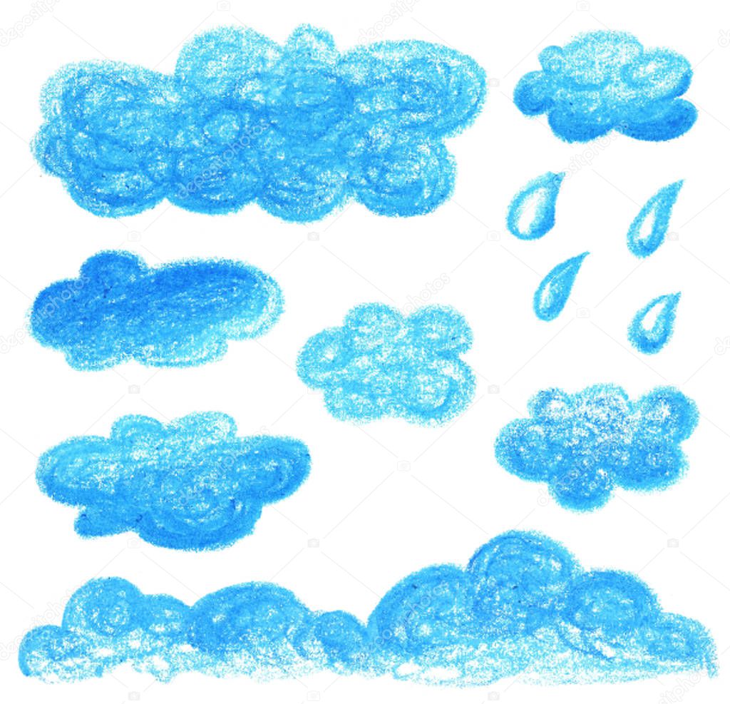 Blue cloud hand-drawn oil pastel illustration. Children drawing sky cloud with rain drop. Textured bubble icon set. Blue cloud by crayon or color pencil. Kids art for environment and nature. Raincloud
