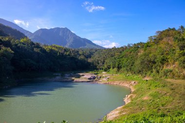 Yeşil ormanlarla çevrili dağlarda hala bir göl. Yaz manzarası. Dağ gölünde güneşli bir gün.