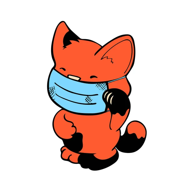 Red Maneki Kucing Neko dalam topeng pelindung medis. Cute kucing vektor ilustrasi pada latar belakang putih . - Stok Vektor