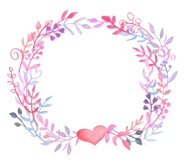 Watercolor floral wreath with heart on white background. Pink blue leafy wreath for Valentine Day card. Vintage floral decor isolated.