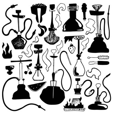 Black hookah set with smoke, spare parts and fruits. Hookah bar or lounge square vector illustration. Parts of qualyan and tobacco flavours. Decorative hookah, fire and coal clipart. Shisha shop logo vector