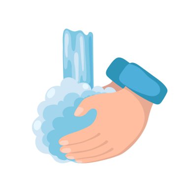 Suyun altında el yıkama, beyaz arka planda renkli vektör simgesi. COVID veya yeni koronavirüs salgını sırasında kişisel hijyen ve sağlık hizmetleri. Sabun köpüğüyle yıkama. Mikrop enfeksiyonunu koru