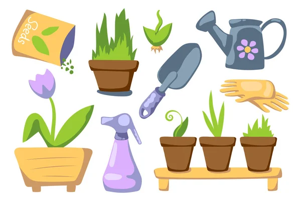 Set Giardinaggio Domestico Con Piatti Vaso Primavera Giardinaggio Vettoriale Clipart — Vettoriale Stock
