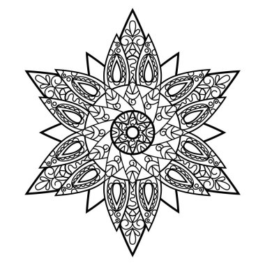 Beyaz arka planda siyah ve beyaz vektör mandala. Zen yetişkin boyama sayfası. Doğu mandala süsü izole edilmiş. Çiçekli dantel yuvarlak pul. Meditasyon hobisi renk kalıbı. Soyut çiçek dövmesi