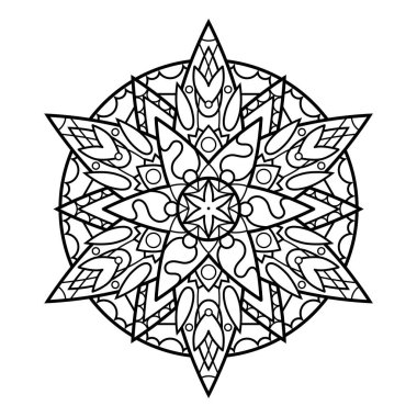 Beyaz arka planda siyah ve beyaz vektör mandala. Stres önleyici boya sayfası. Doğu mandala süsü izole edilmiş. Çiçekli dantel yuvarlak pul. Meditasyon hobisi renk kalıbı. Soyut çiçek dövmesi