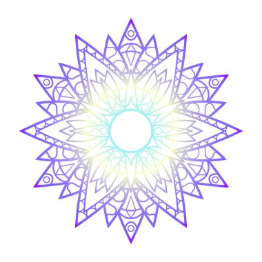 Mor sarı mandala süsü, beyaz arkaplanda soyut vektör çizimi. Psikedelik tasarım için rengarenk mandala baskısı. Geometrik madalyon. Meditasyon için doğu süsü mandala