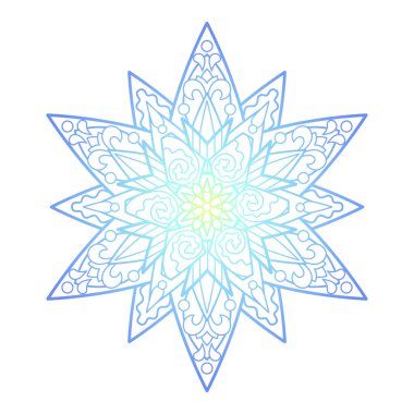 Yeşil mavi mandala süsü, beyaz arkaplanda soyut vektör çizimi. Psikedelik tasarım için rengarenk mandala baskısı. Geometrik madalyon. Meditasyon için doğu süsü mandala
