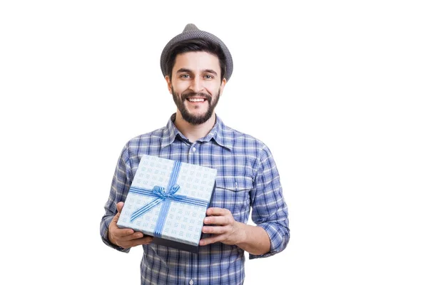 Bearded guy with gift — Stock Photo, Image