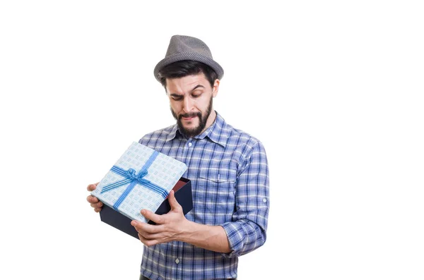 Bearded guy with gift — Stock Photo, Image