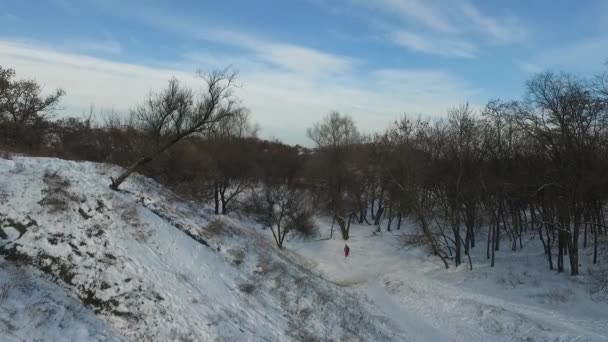 Snowboardzista wspina się pod górę w parku miejskim — Wideo stockowe