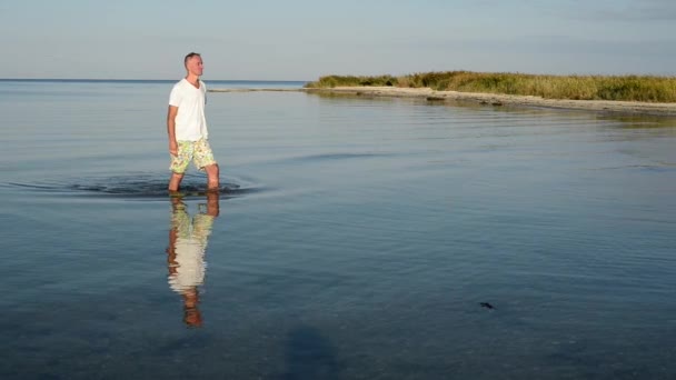 Genieten van glimlachende man lopen in rustig helder water — Stockvideo