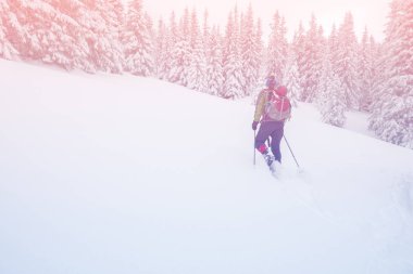 Adam sırt çantası ile bir tepeye snowshoeing gider 