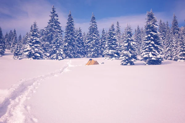 Sátor a téli hegyekben, állandó a hóban — Stock Fotó