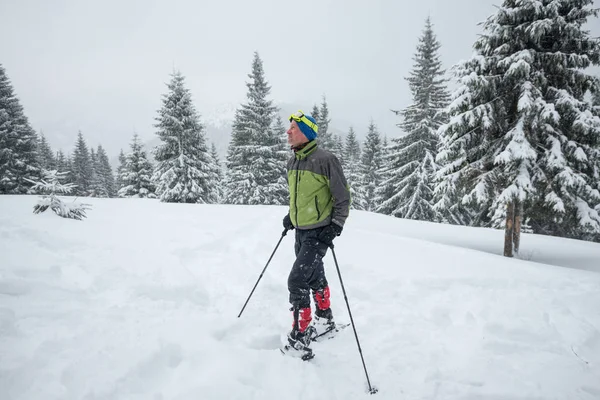 Hombre en raquetas de nieve disfrutando de la vida mientras viaja en el mou invierno —  Fotos de Stock