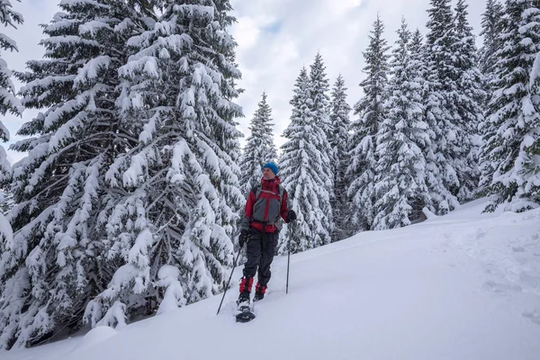 Viajero hombre va en raquetas de nieve. Punto bajo de disparo . —  Fotos de Stock