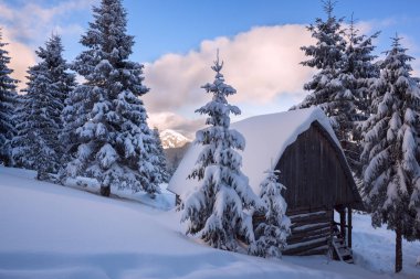 Sihirli akşam kış dağlarda - küçük yaşlı sığınak cov olduğunu.
