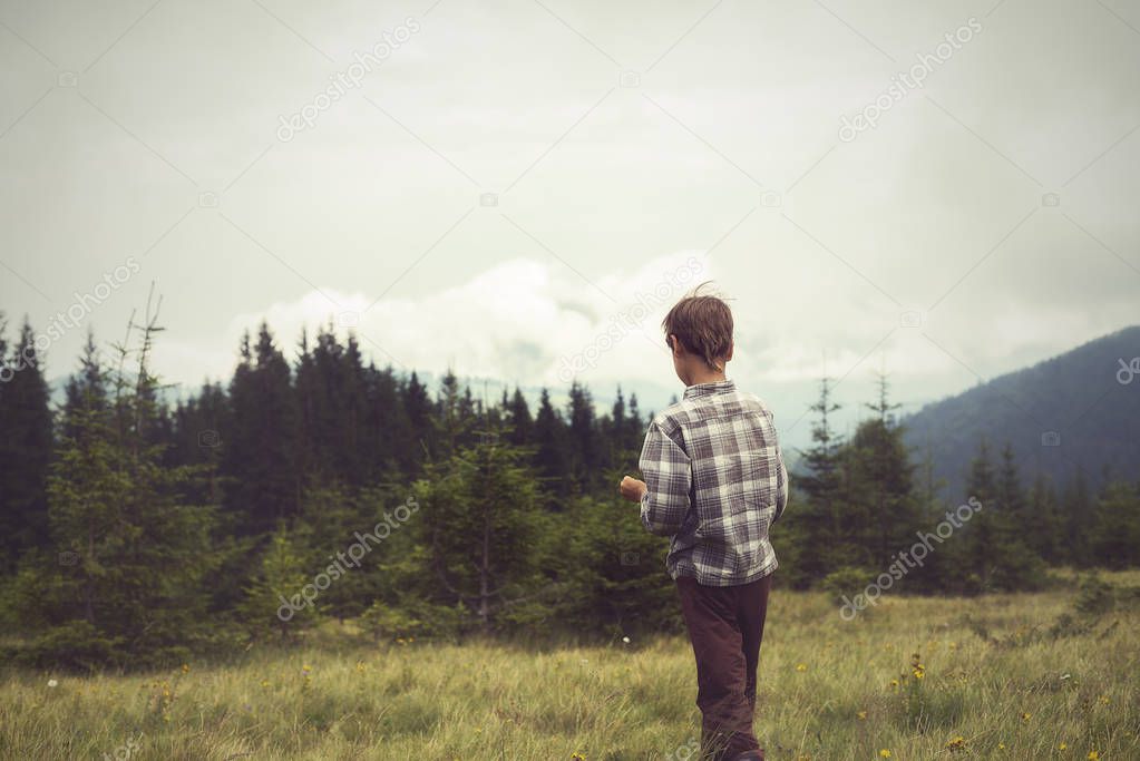 Boy is walking along the alpine meadow
