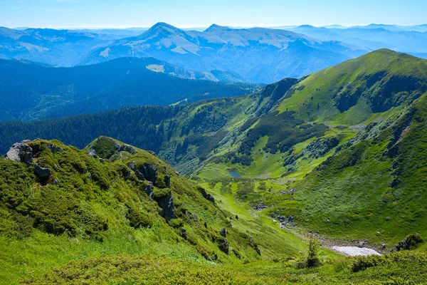 Harika dağ gorge, taze yeşil çim kaplı — Stok fotoğraf