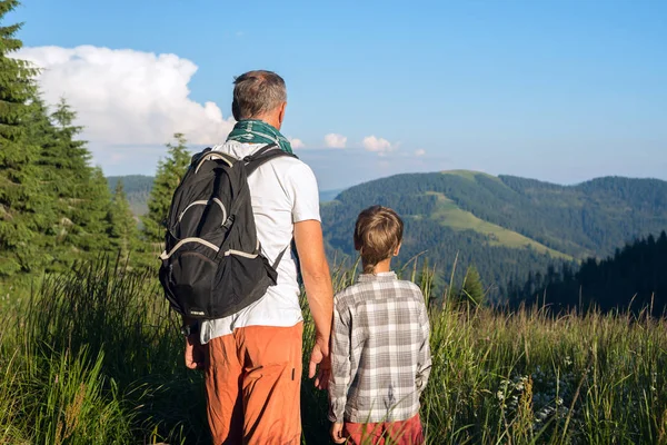 Pai com filho estão em pé em um prado alpino entre uma gra exuberante — Fotografia de Stock