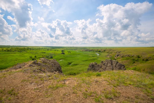 Swampy river with rocky banks flows in the middle of the prairie — Stock Photo, Image