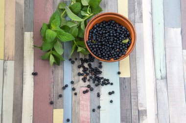 Bir kil kase yanındaki yeşil nane taze yaban mersini görünümü top 