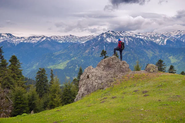 Maceracı Alpin çayır kenarında büyük taş üzerinde duruyor