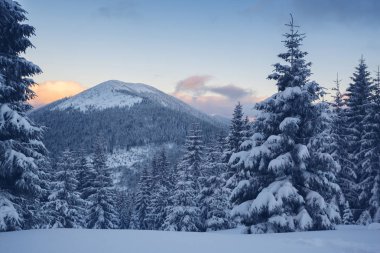 Dağlarda günbatımı sırasında kış manzarası