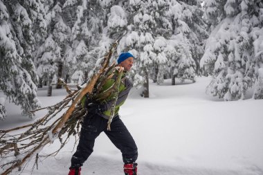 Neşeli maceracı bir kucak dolusu yakacak odun sürükler 