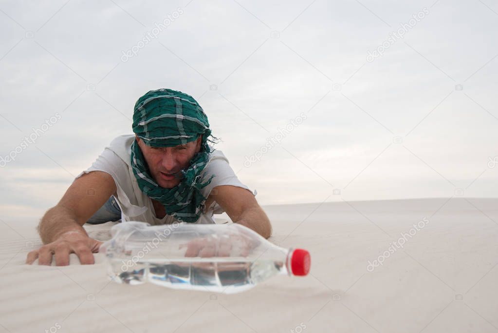 Exhausted traveler reaching for a bottle of water