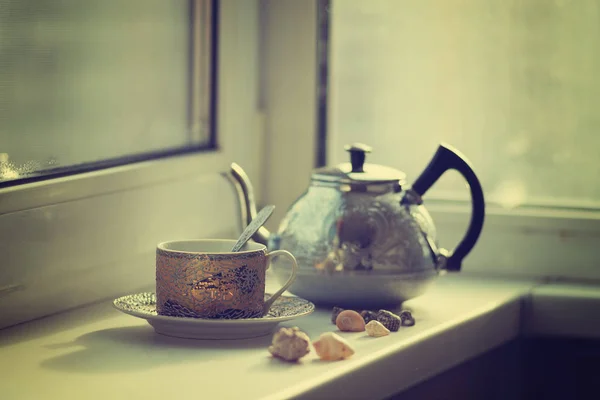 Vintage small cup and steel teapot — Stock Photo, Image