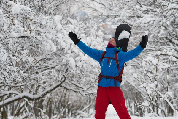 Kollarını açarak, snowboard kış ormanda hoşnut olan — Stok fotoğraf