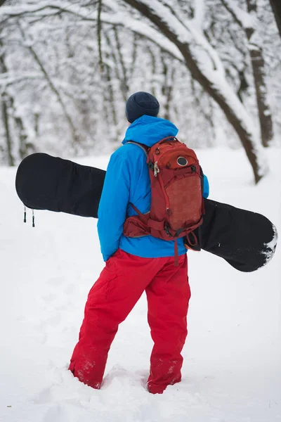 A hátizsák snowboardos áll az erdőben, miután hóesés — Stock Fotó