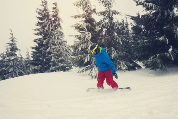 Snowboardista jezdí v horách, v těžkých podmínkách — Stock fotografie