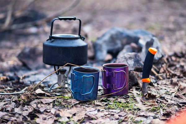 Camp in a spring forest - small steel kettle stands on gas burne — Stock Photo, Image