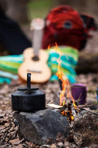 Camp in a spring forest - small kettle stands on stone next to c