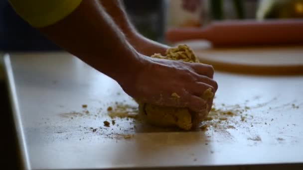 Men Hands Knead Dough White Table Close Side View Cooking — Stock Video