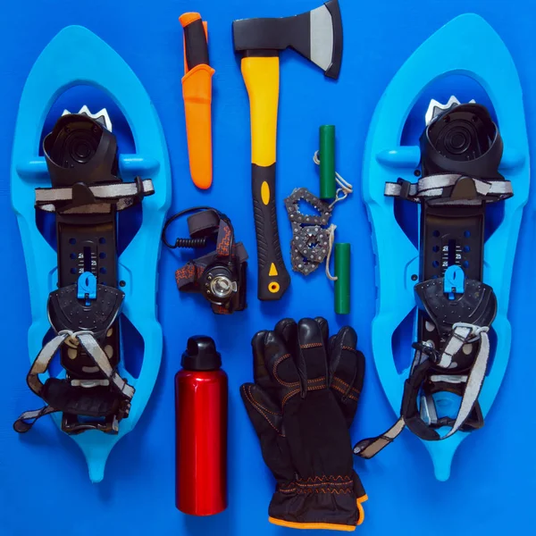 Set of gear for adventure, survival during winter