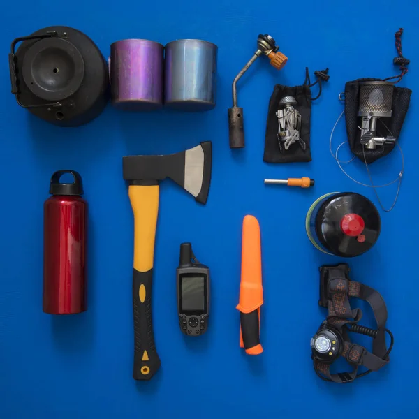 Set of gear for hiking, adventure and survival in wilderness